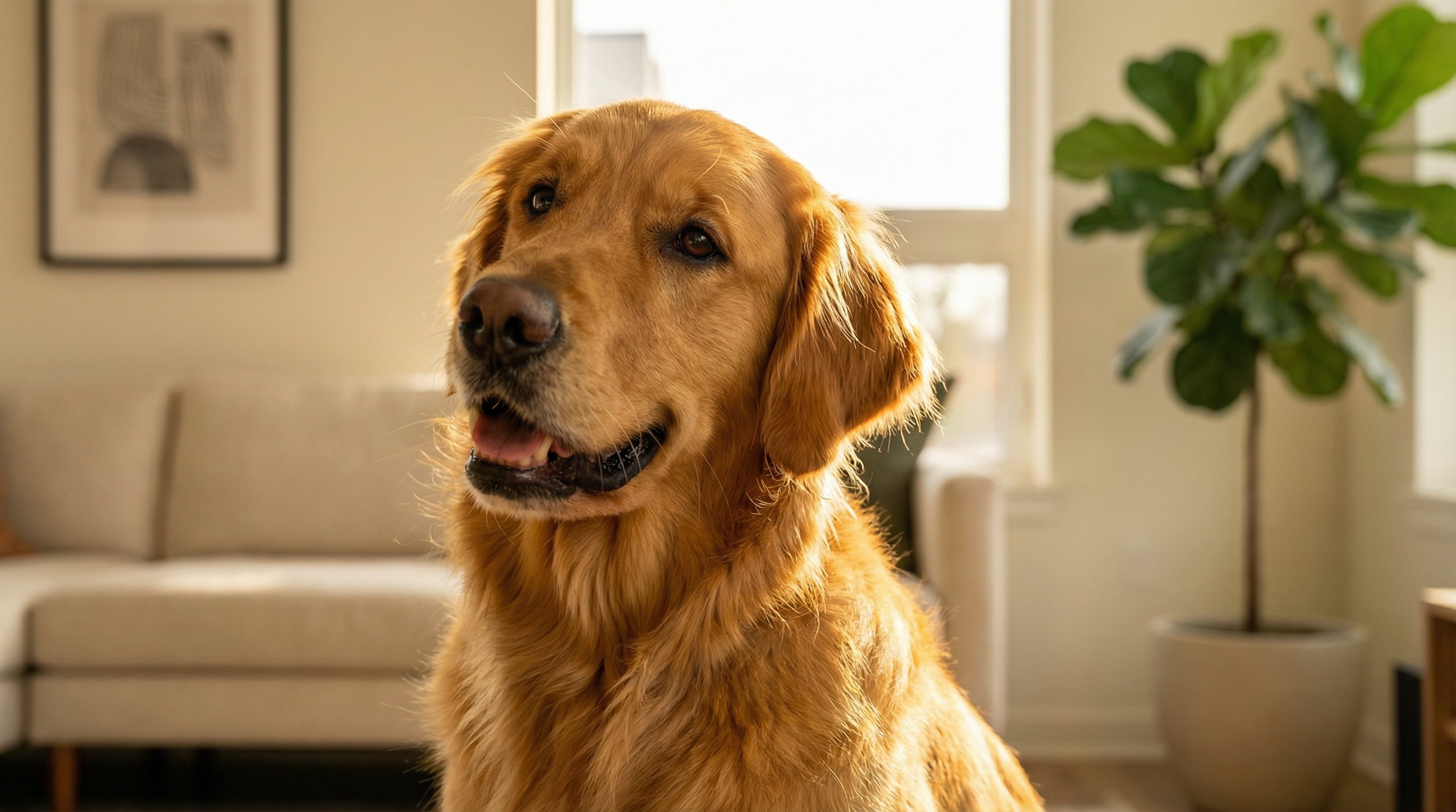 Golden Retriever with a warm, expressive face in soft natural light.