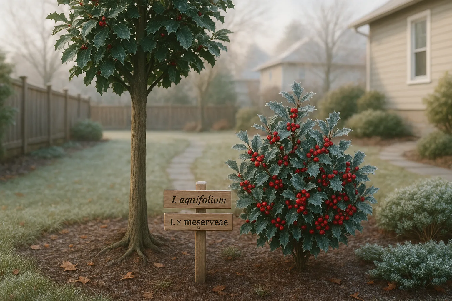 Two holly plants side-by-side: tall English holly and shorter Meserve hybrid shrub.