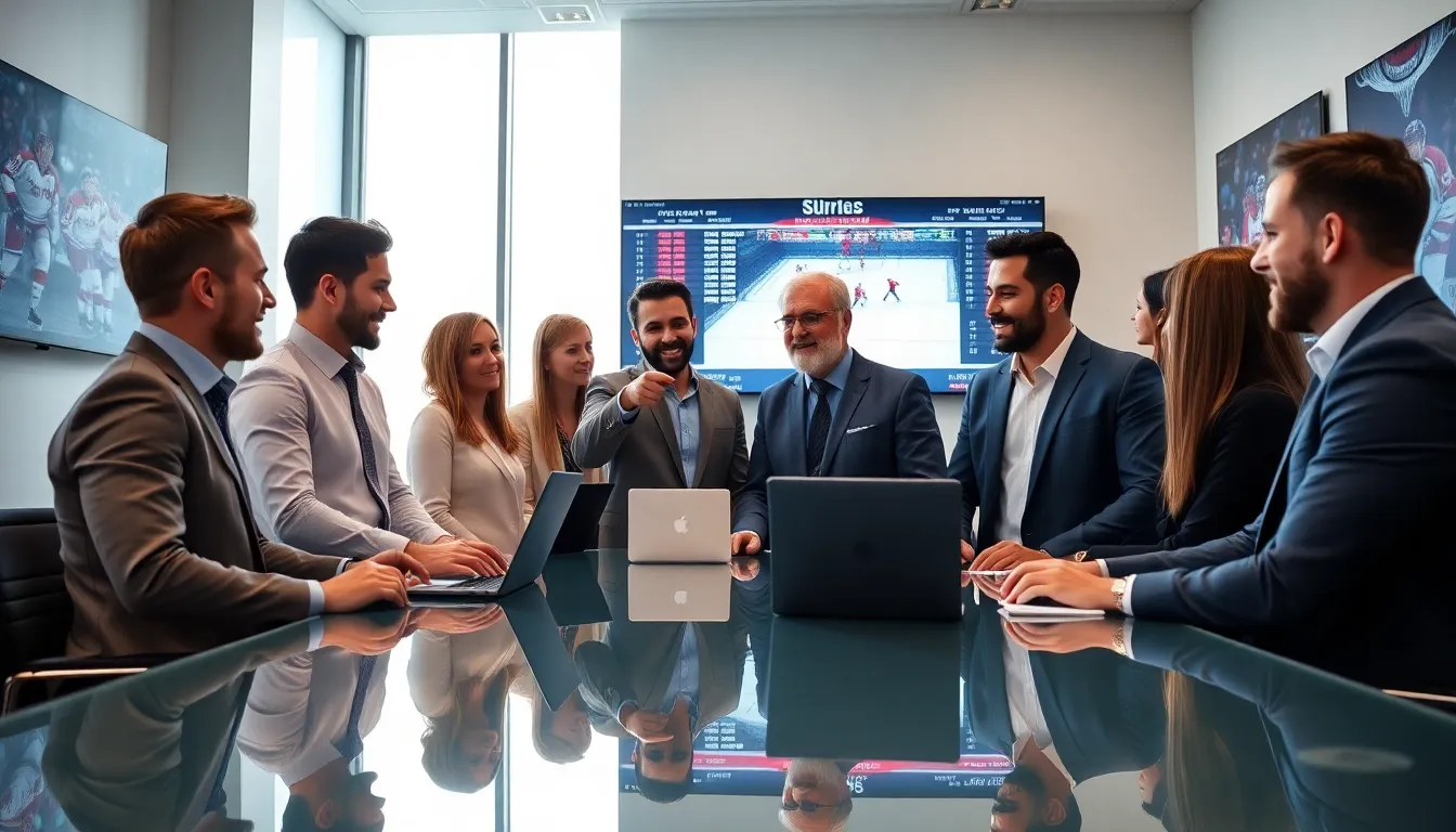 diverse team analyzing hockey stats in a modern office.