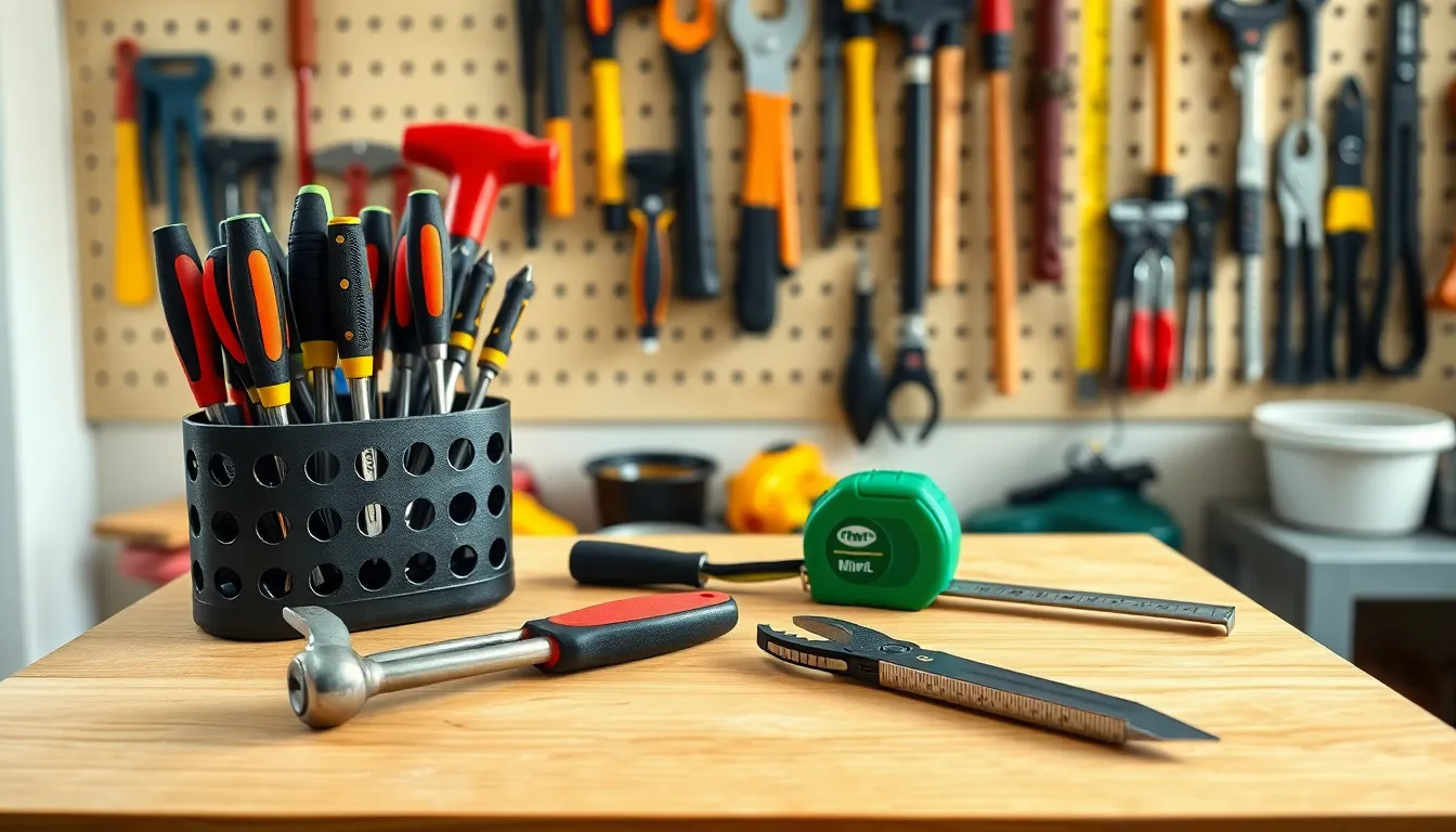 A well-organized workshop with essential hand tools displayed on a workbench.