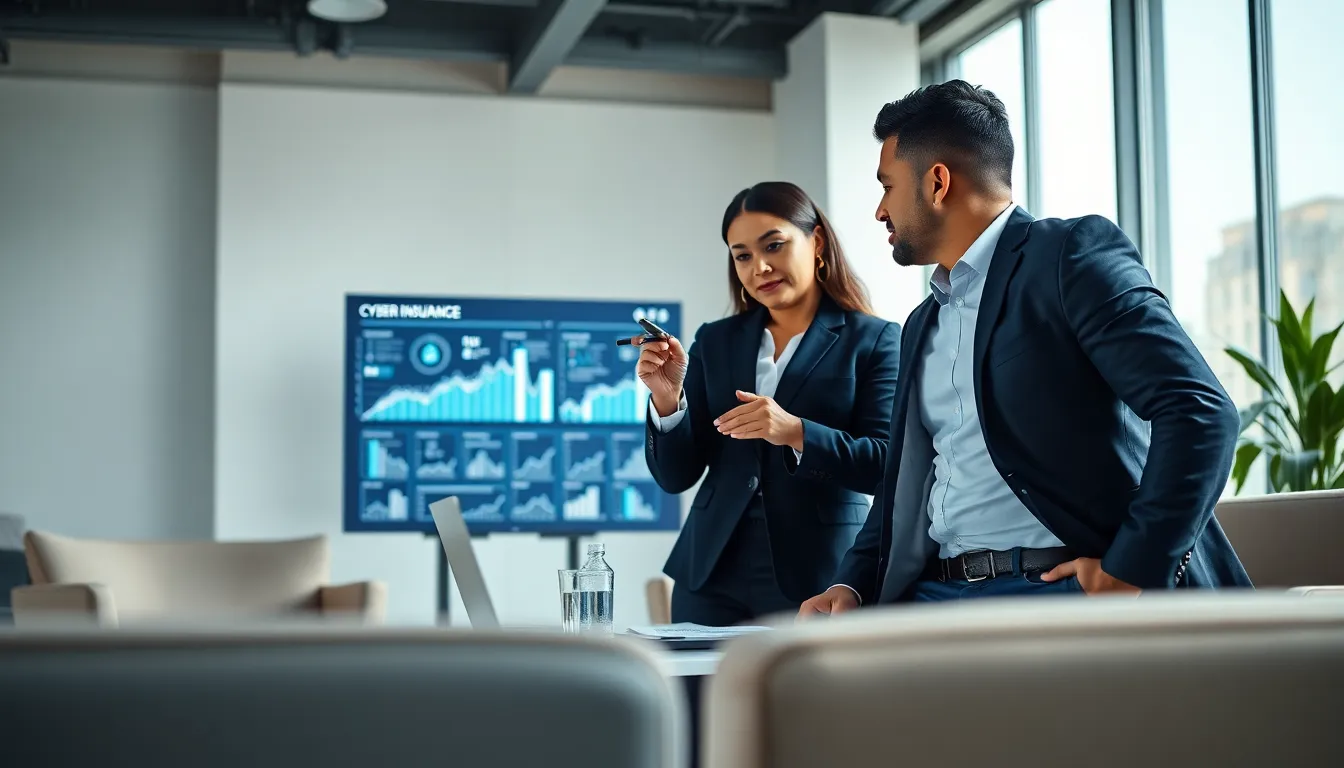 diverse team discussing cyber insurance in a modern office.