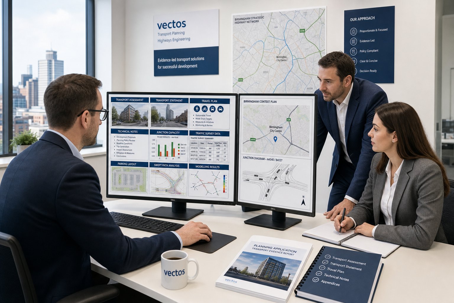 Traffic engineer reviewing transport planning reports in a modern Birmingham office.
