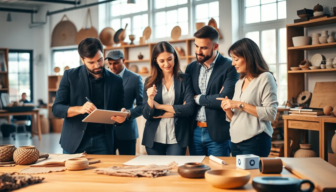 diverse artisans collaborating on design concepts in a stylish workspace.