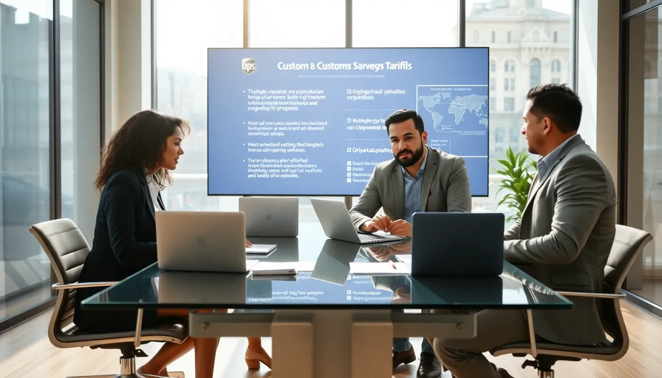 diverse team of brokers discussing international shipping regulations.