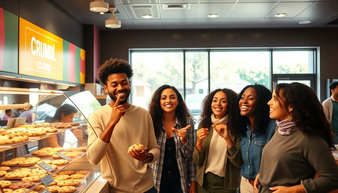 customers enjoying cookies in a lively Crumbl Cookies shop.