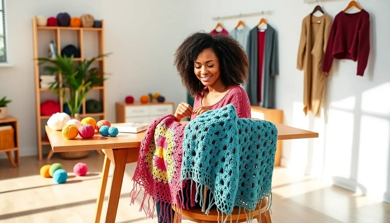 craftsman creating crochet wearables in a bright workspace.
