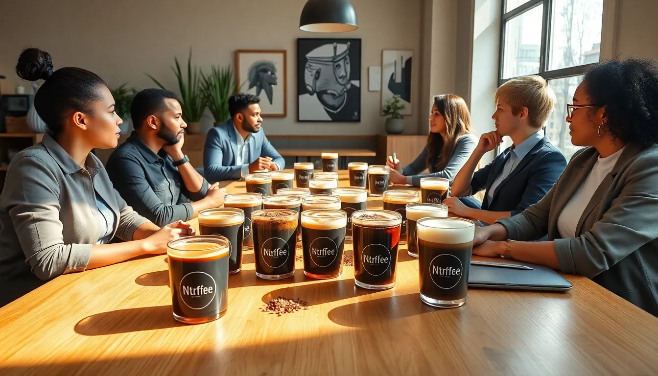 diverse professionals enjoying Ntrffee in a modern coffee shop.