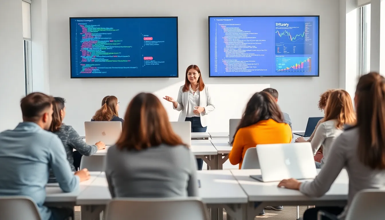 students learning web development in a modern classroom.