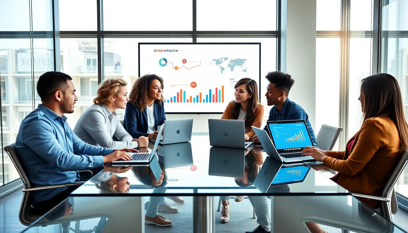 diverse team discussing digital content strategies in a modern office.