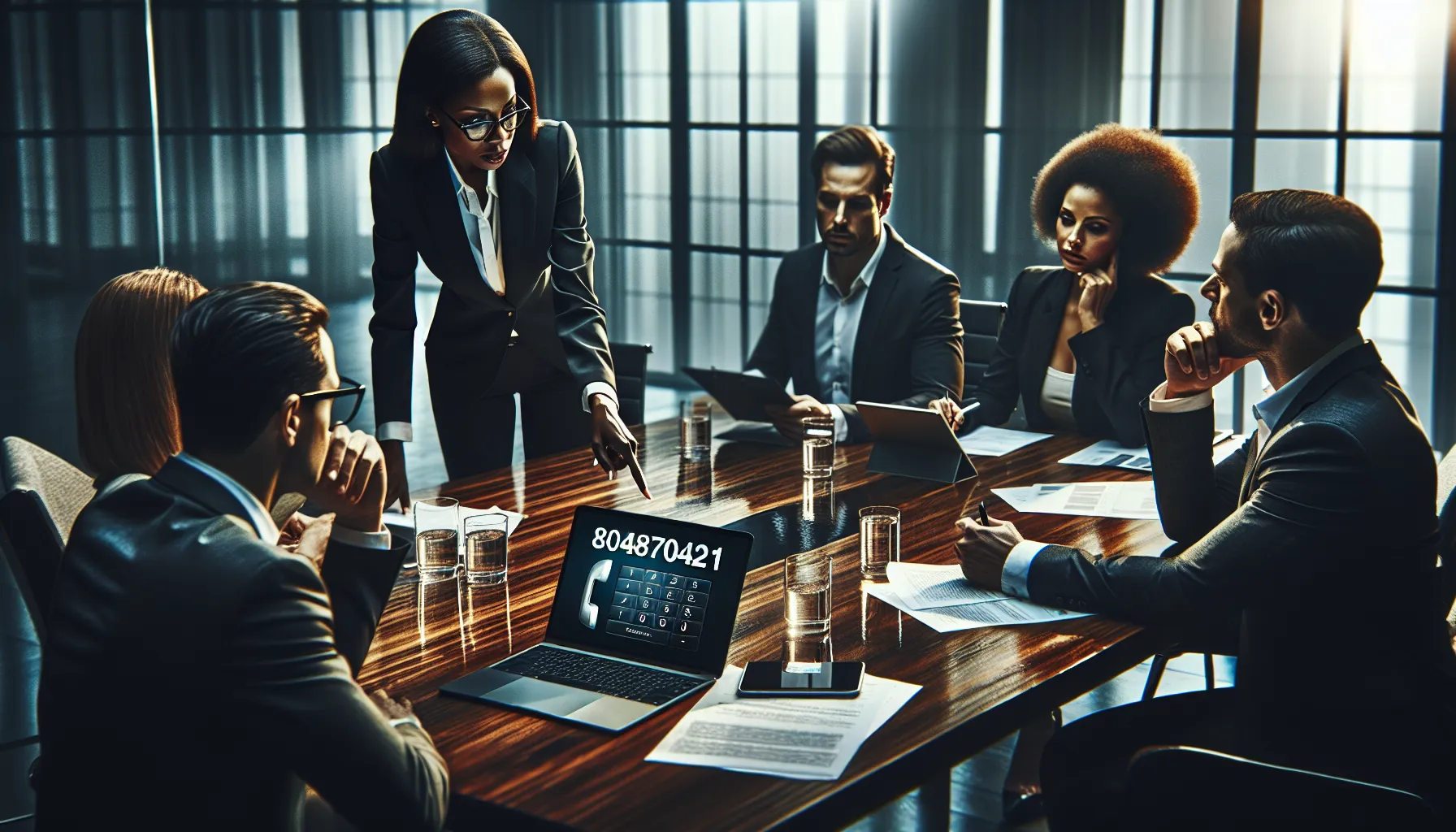 team discussing the verification of phone number authenticity in a modern office.