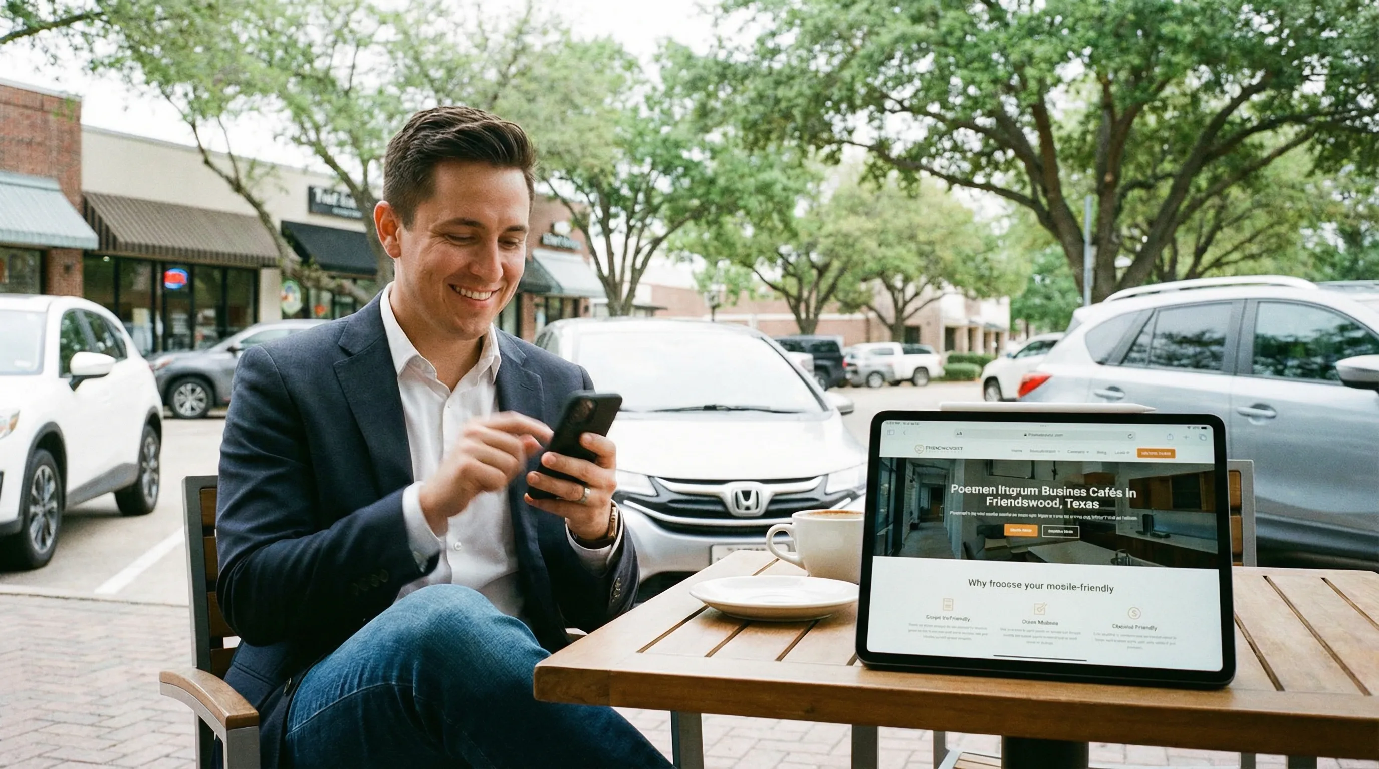 User browsing a fast, mobile-optimized website on a phone and tablet at an outdoor Friendswood café.