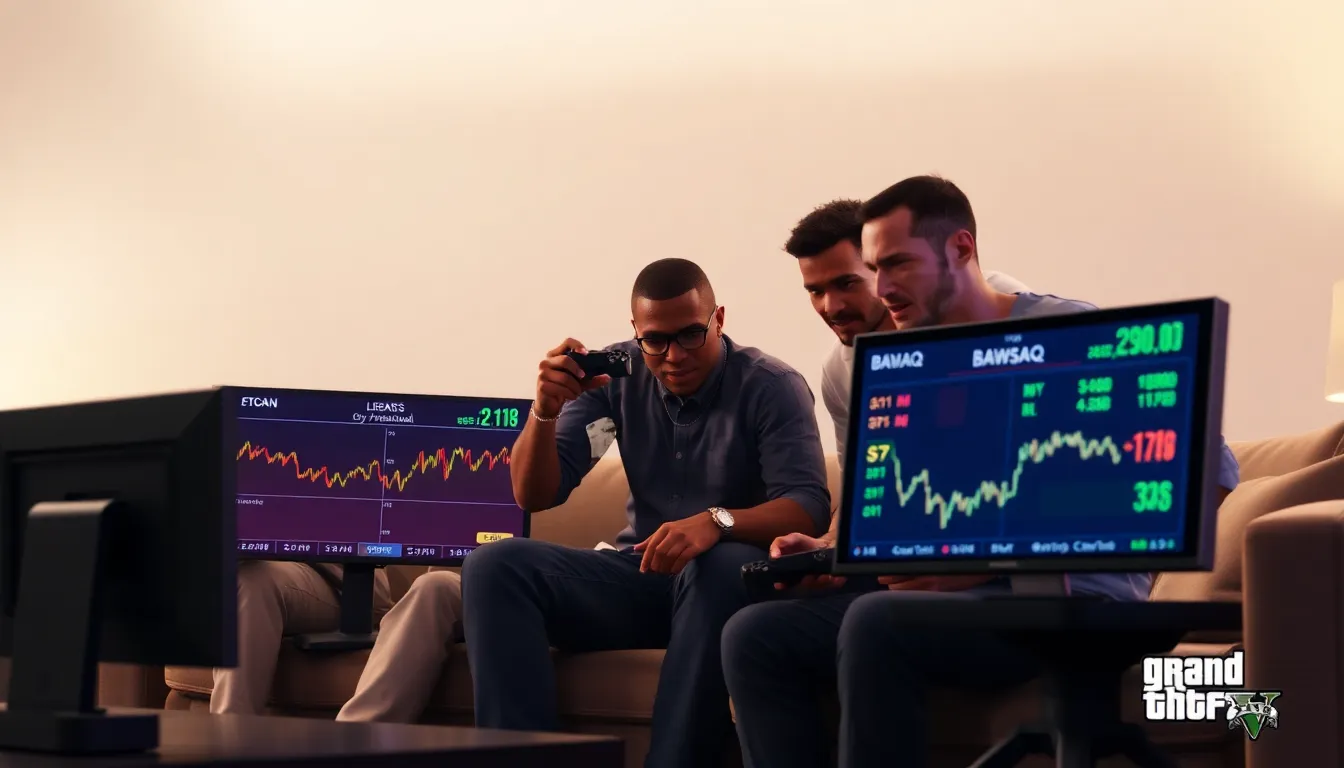 players analyzing stock market data from GTA V in a modern setting.