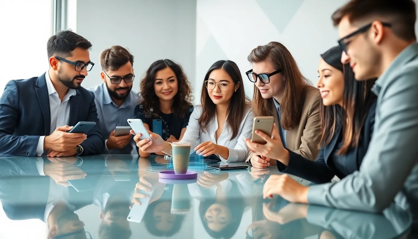 professionals using augmented reality communication in a modern office.