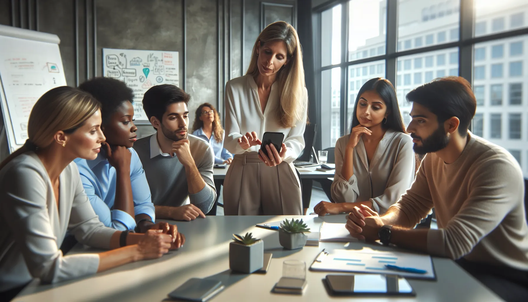 diverse team discussing phone safety best practices in a modern office.