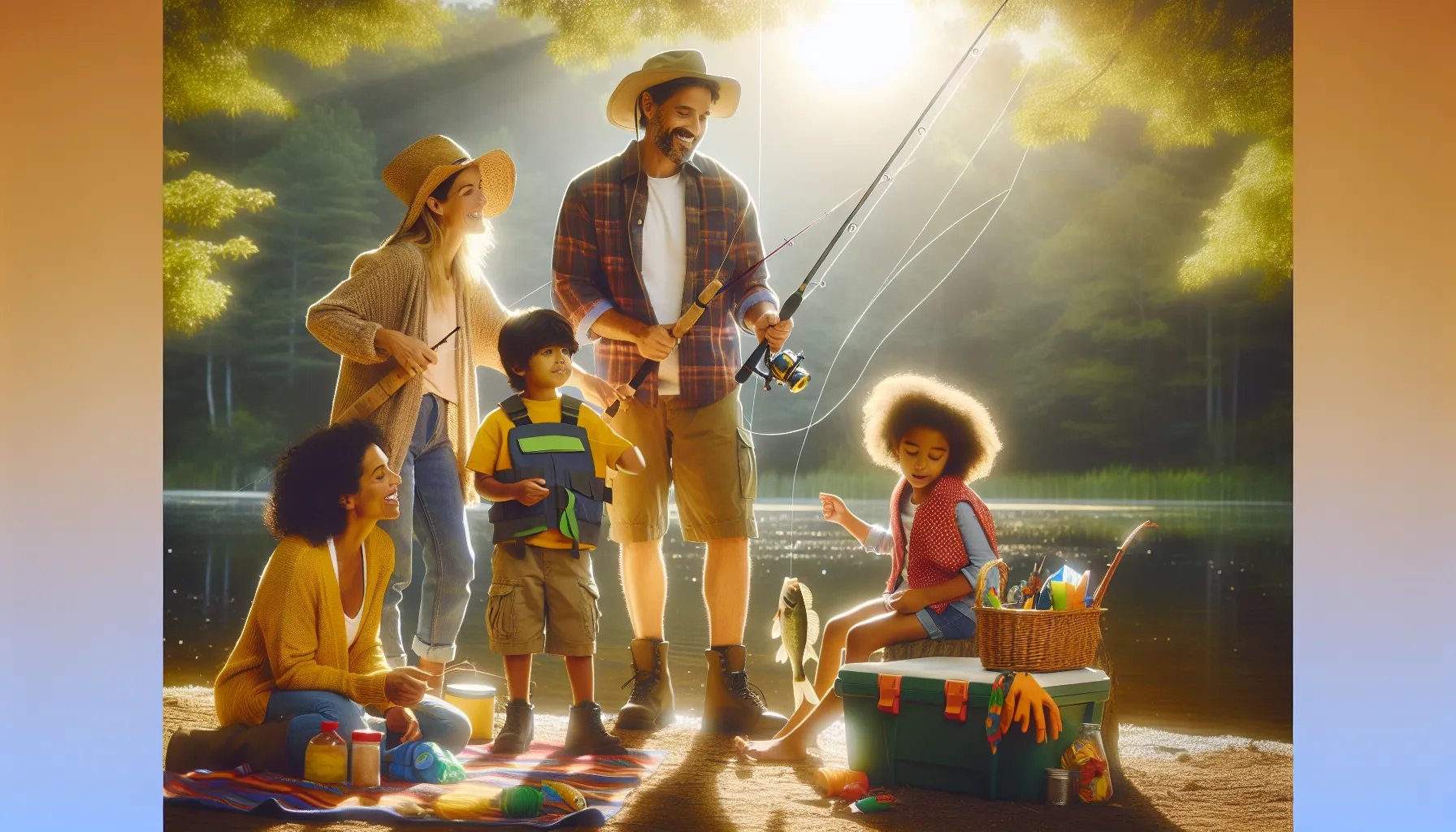 family enjoying a fishing trip at a scenic lake.