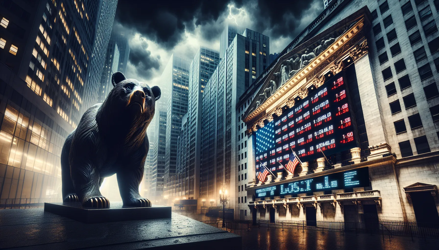 A bear statue in a deserted financial district with gloomy weather.