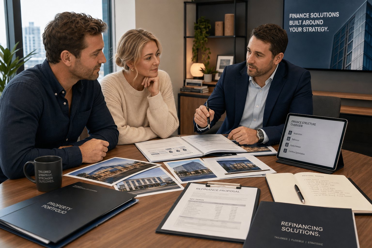 Adviser helping property investors review portfolio and refinancing documents in a modern office.