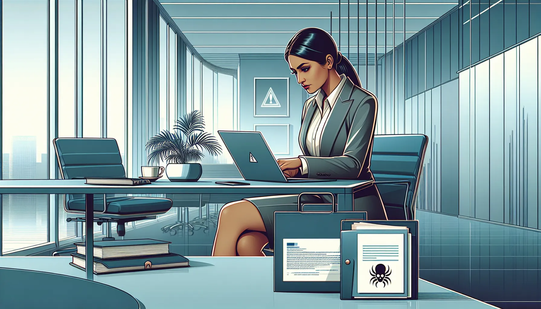 Professional examining risks of using Tamilrockers in a modern office.