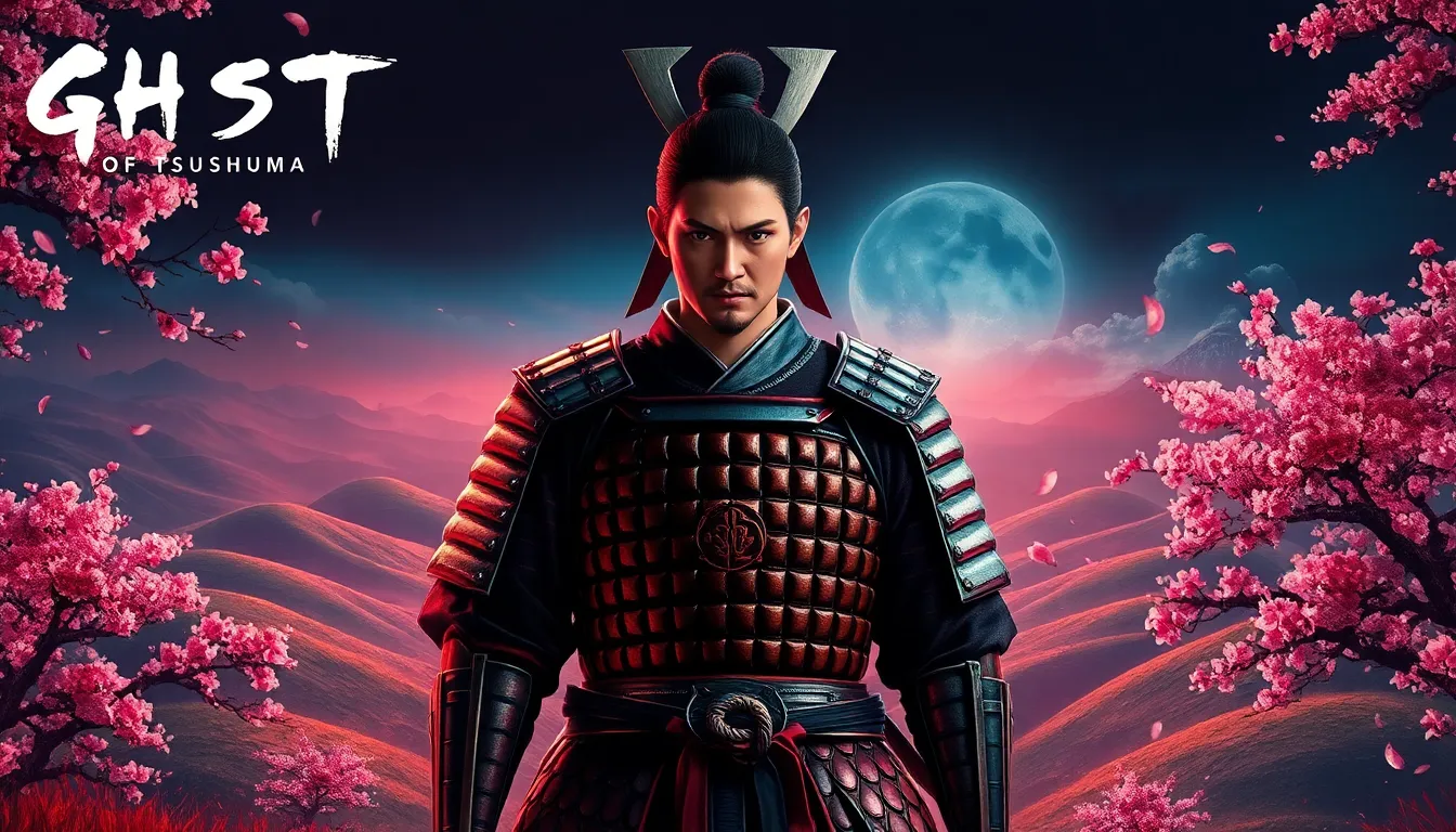 Jin Sakai amidst a vibrant landscape in the Ghost of Tsushima poster.