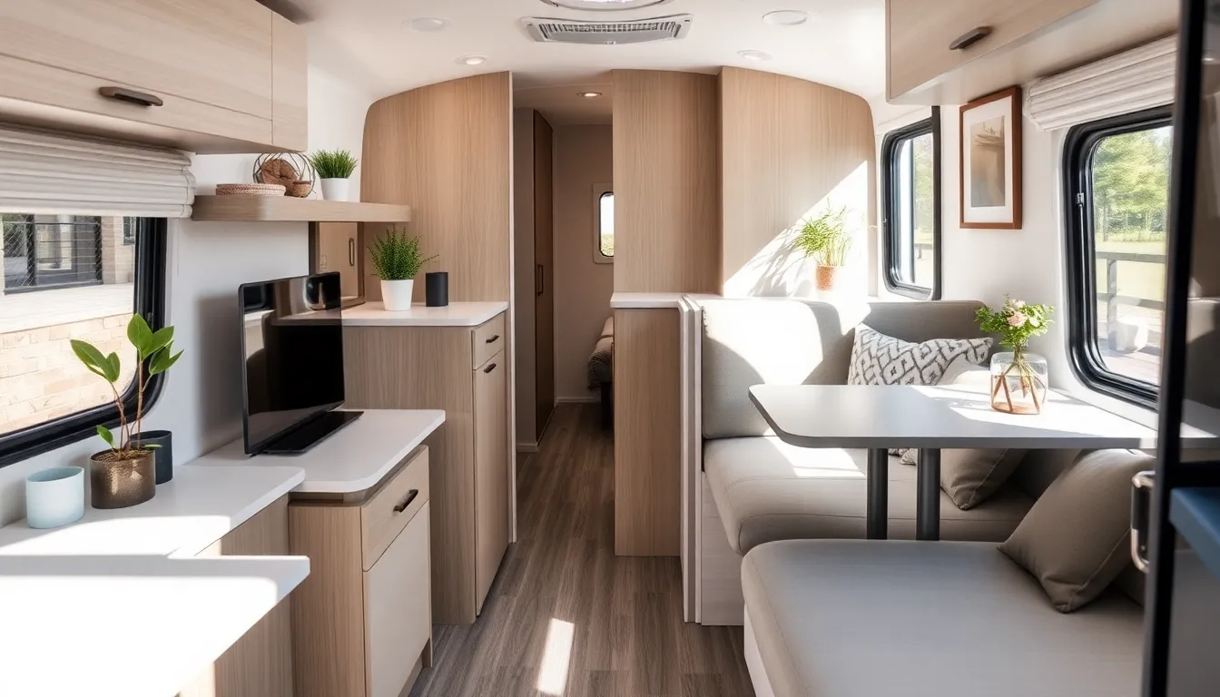 stylish interior of a small RV with minimal decoration.