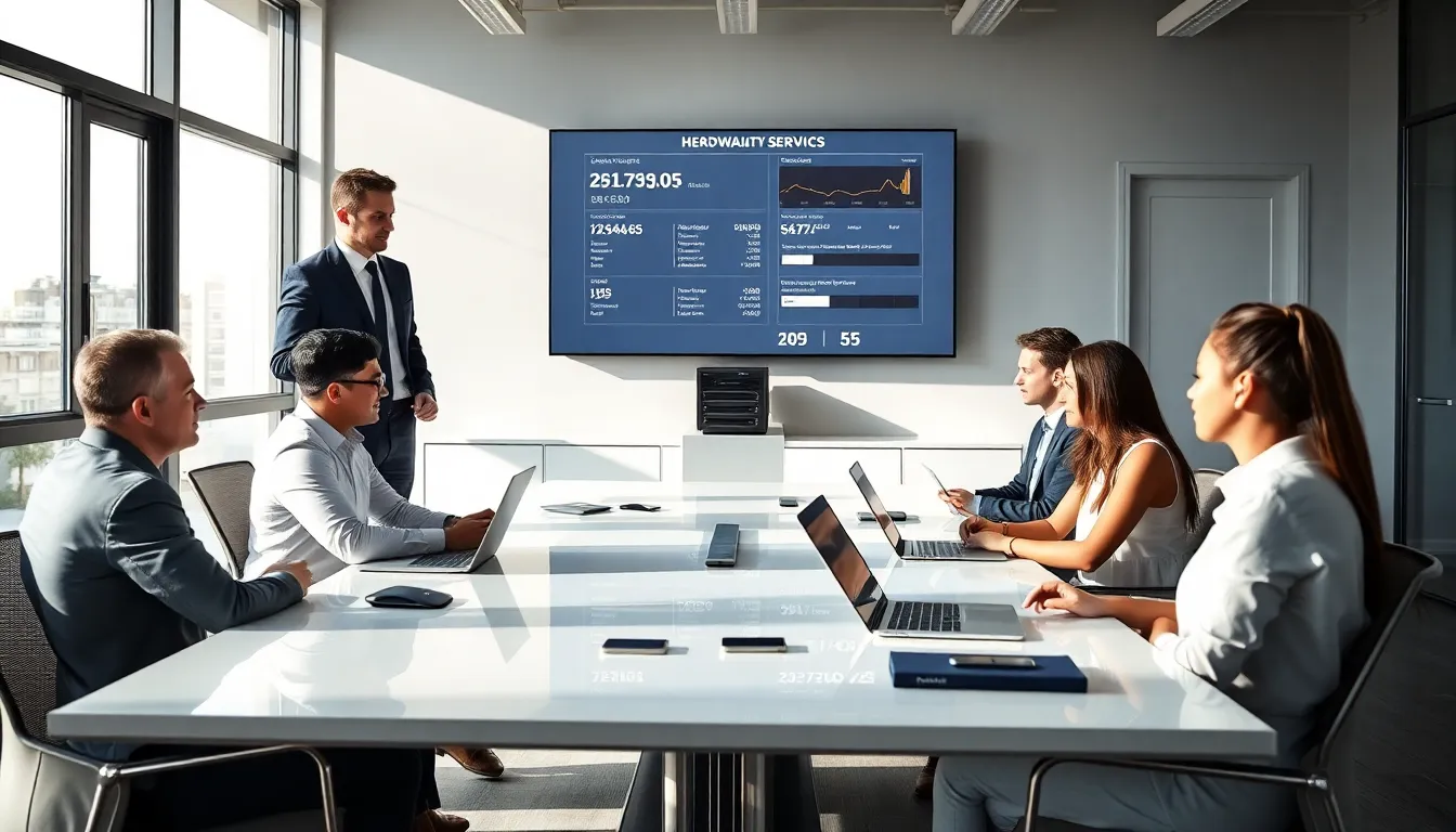 professionals discussing hardware solutions in a modern office setting.