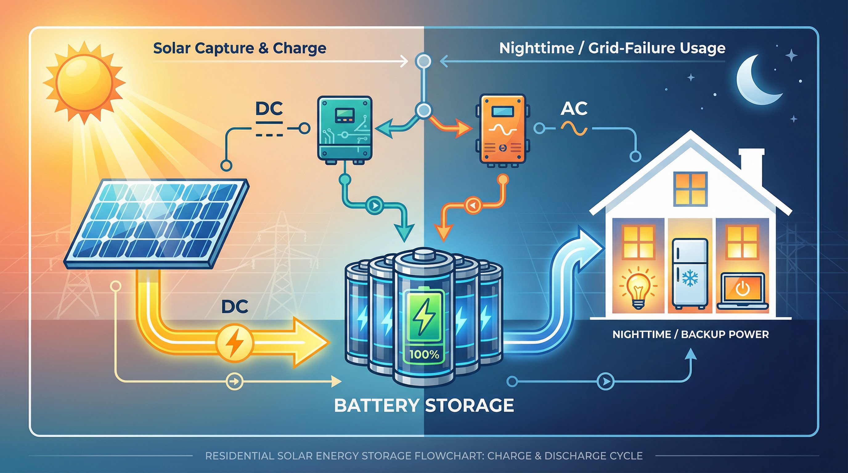 Flowchart showing solar panels capturing energy, storing in batteries, and powering a home.
