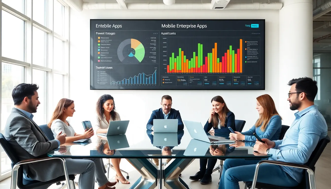 diverse professionals collaborating on mobile enterprise apps in a modern office.