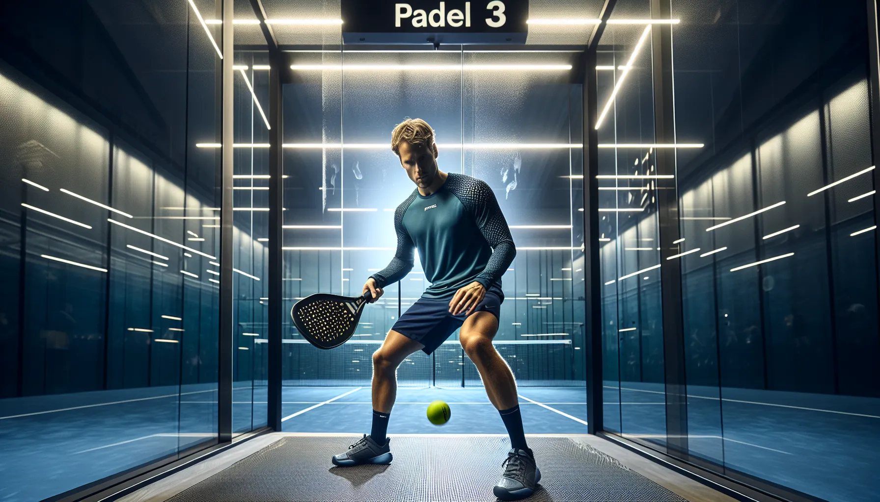 Beginner tests padel ball bounce on indoor norwegian court; tennis ball nearby.