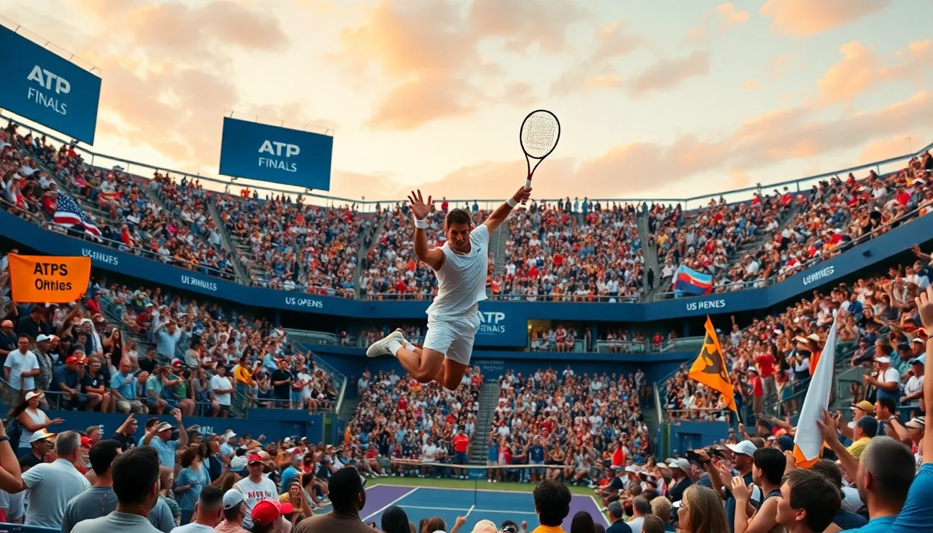 tennis match excitement captured in a vibrant stadium with engaged fans.
