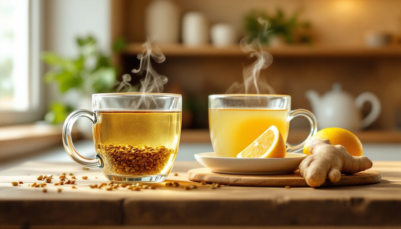 Two steaming mugs of Ayurvedic tea with ginger, lemon, and spice seeds on a wooden countertop.