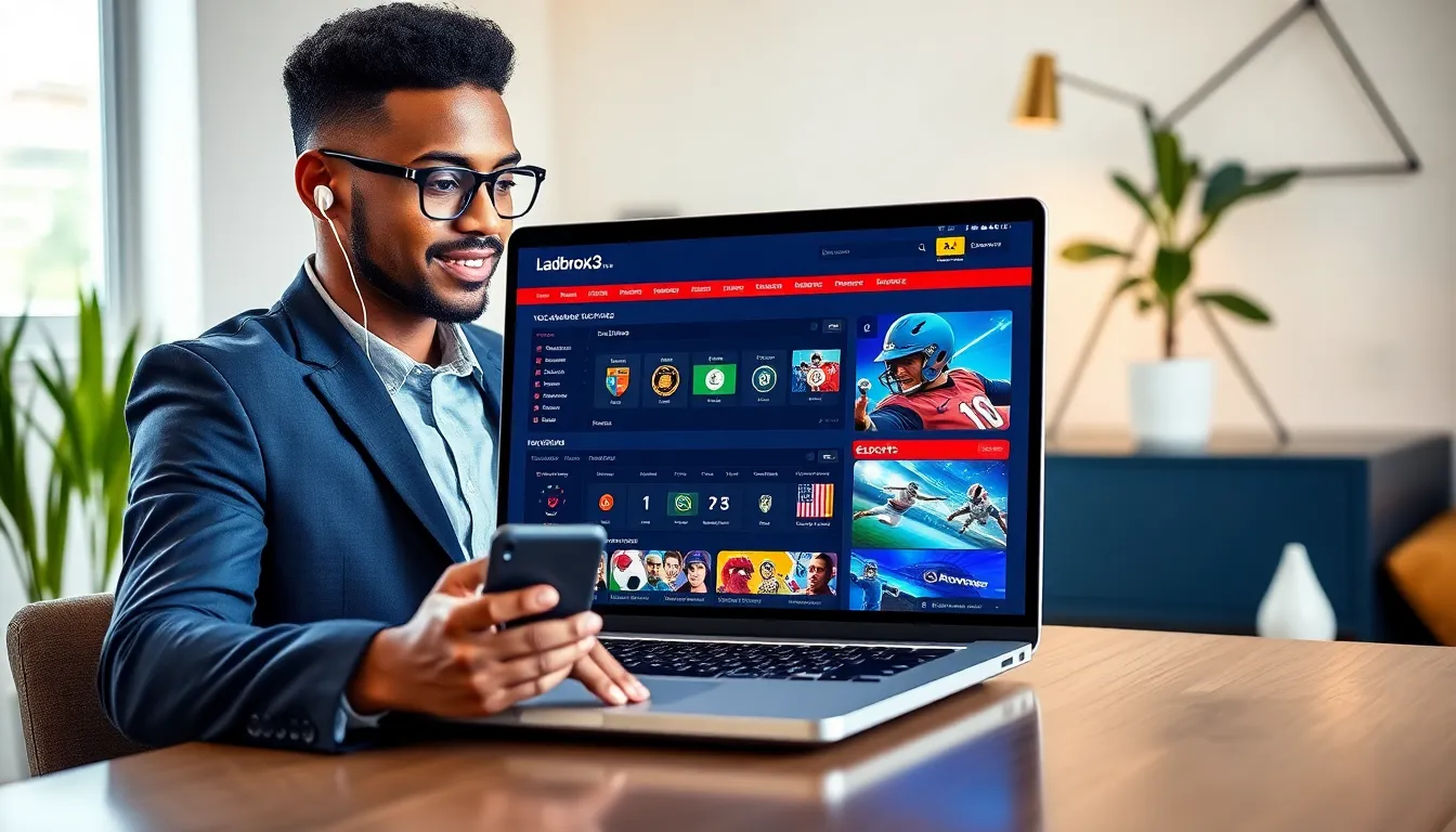 A professional using a laptop showing the Ladbrok3s betting platform.
