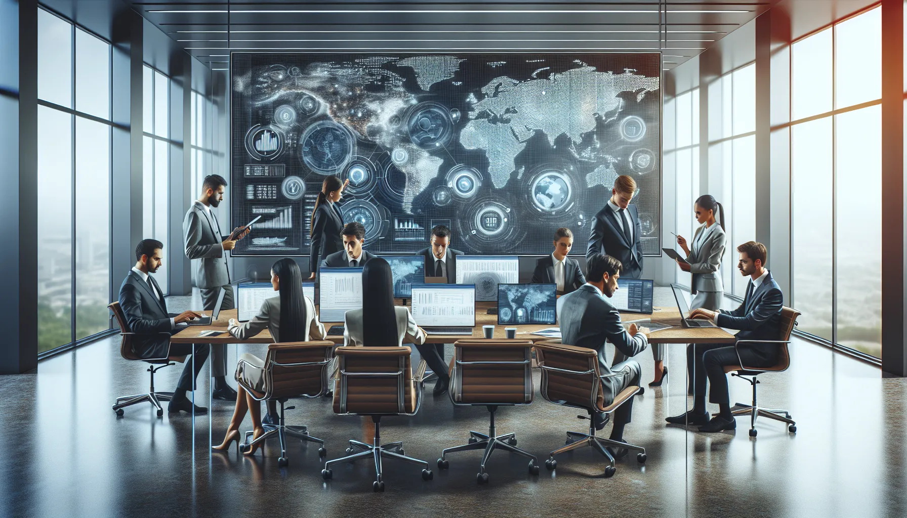 diverse team analyzing geolocation data in a modern office.