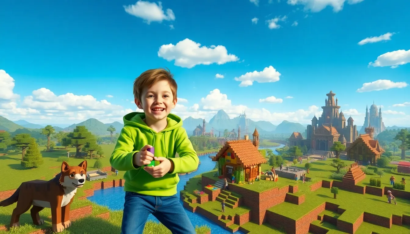 A young boy building a house in a vibrant Minecraft landscape.