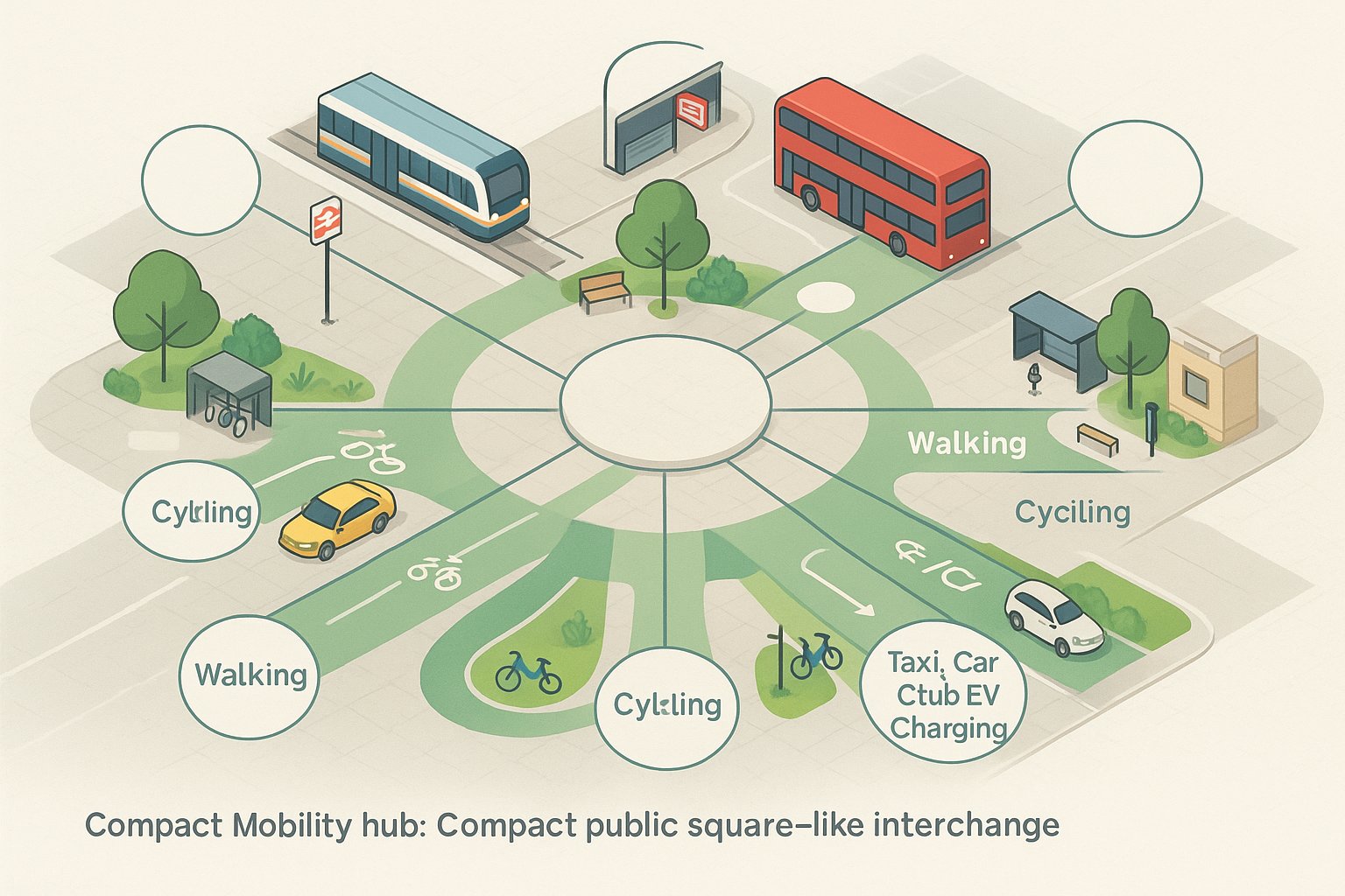 Infographic of a UK mobility hub linking transport, public space, and sustainability benefits.