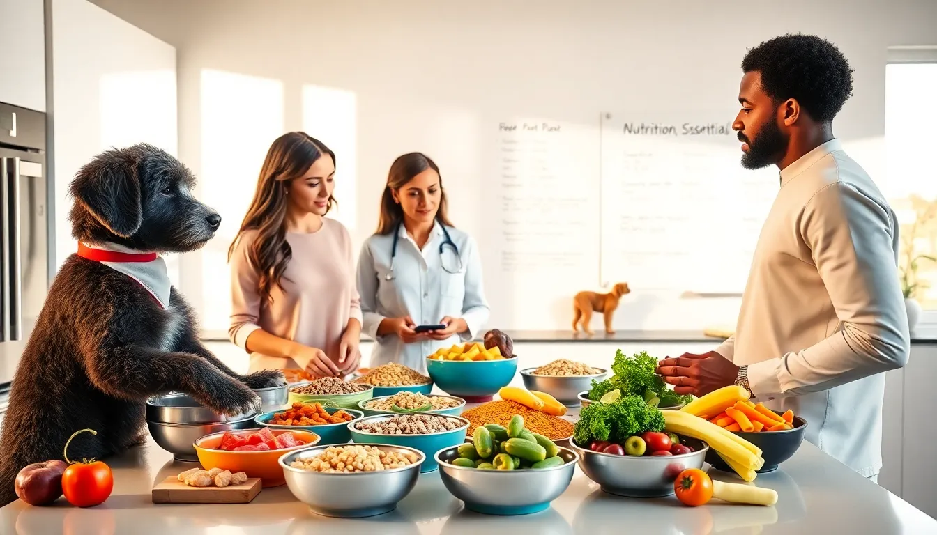 professionals discussing pet nutrition in a modern kitchen.