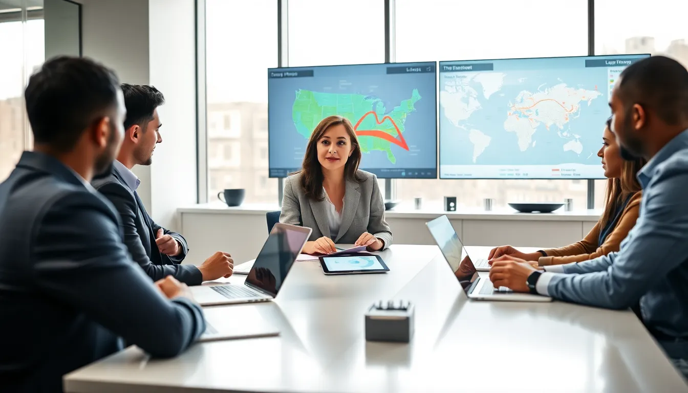 professionals strategizing logistics in a modern office.