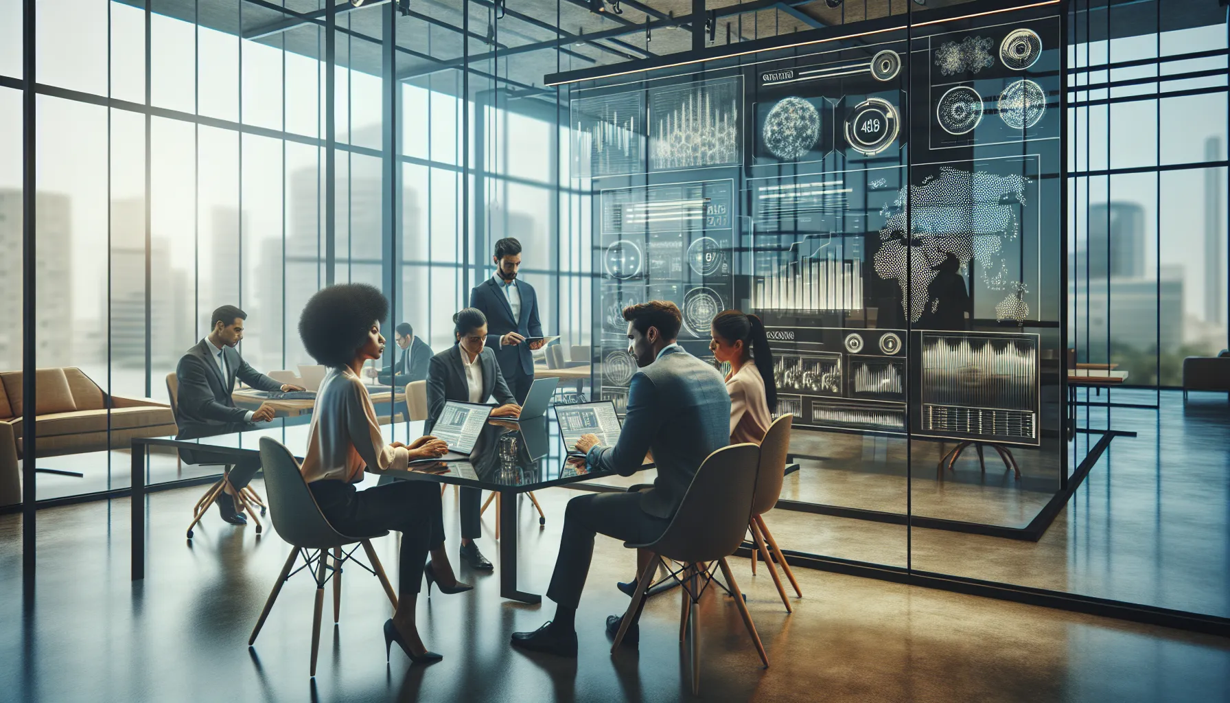 diverse team collaborating on technology in a modern office.
