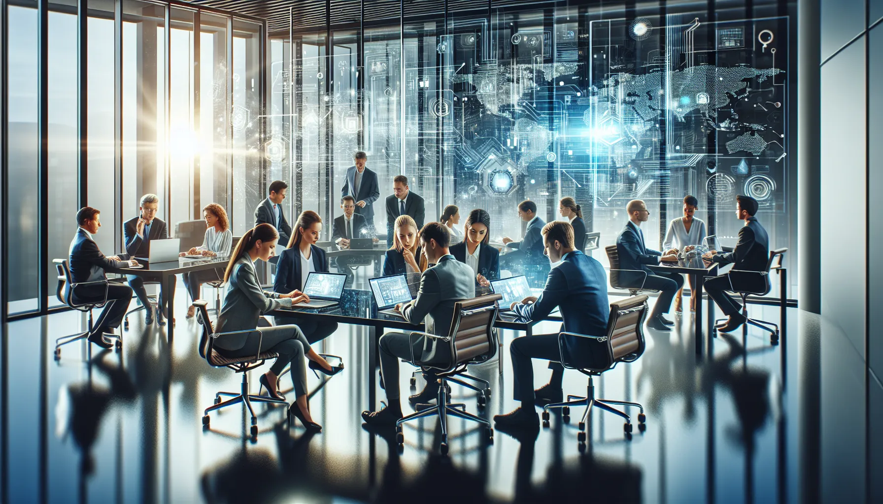 diverse professionals collaborating on technology in a modern office.
