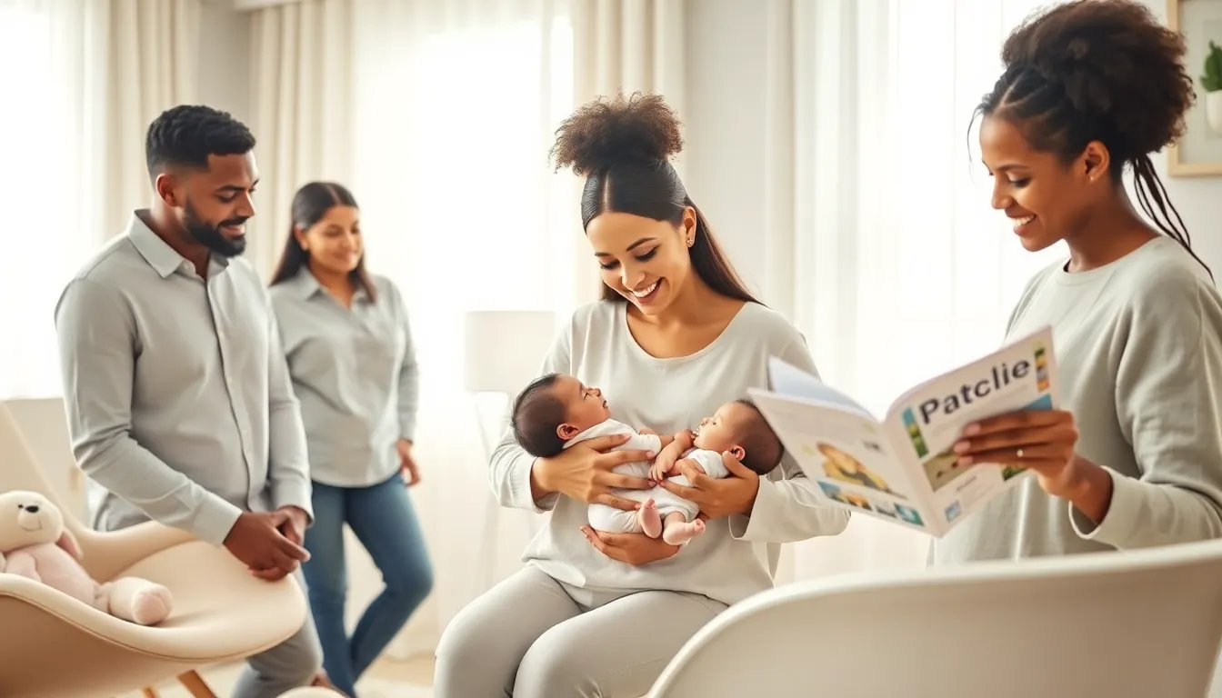 parents soothing newborns with pacifiers in a modern nursery.