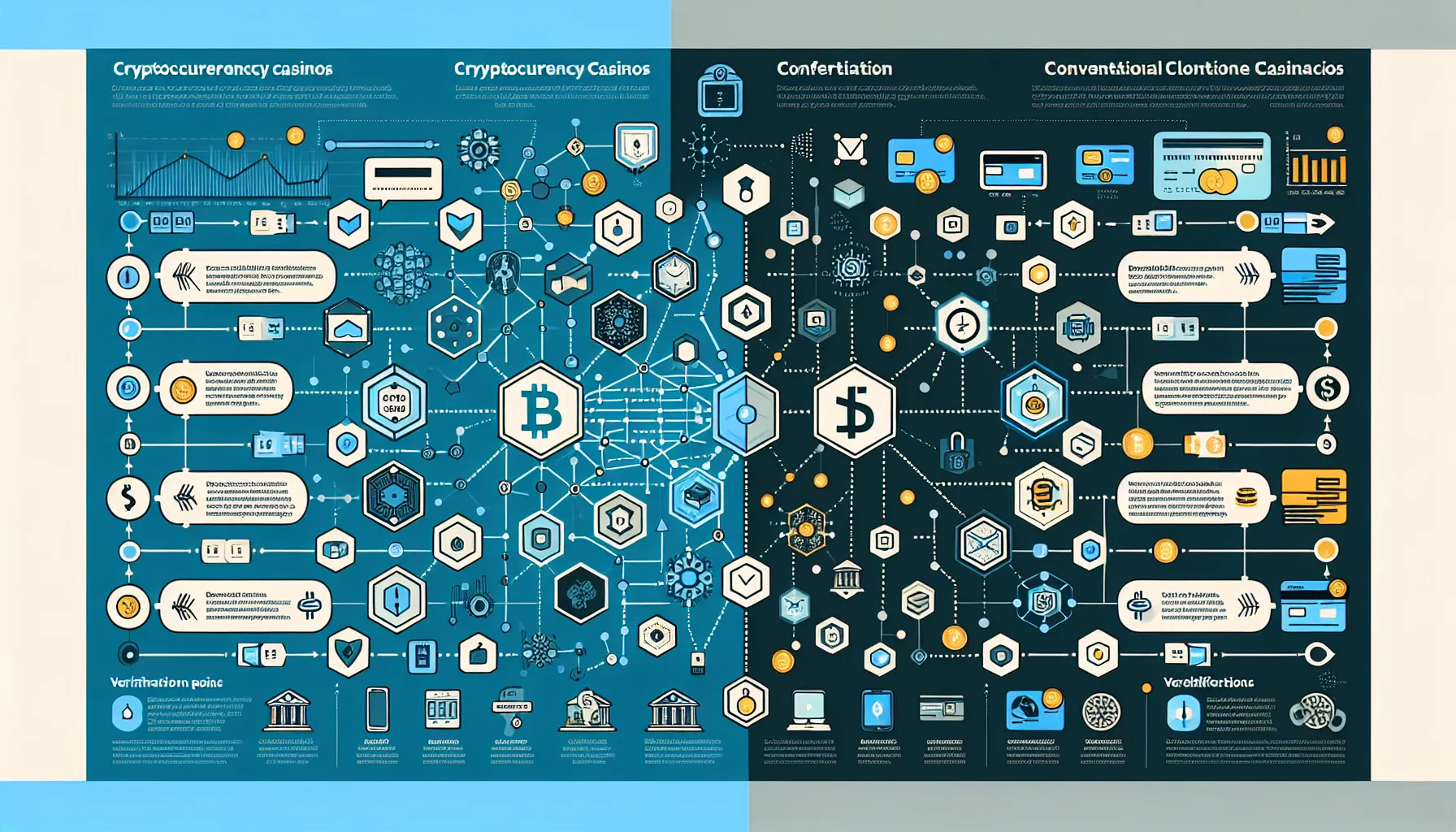 Comparison infographic showing crypto casinos versus traditional online casinos with transaction flow and features.