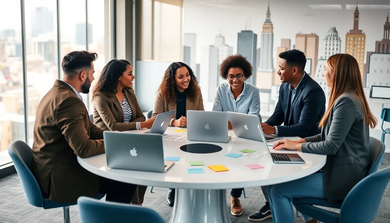 diverse group collaborating in a modern co-working space.