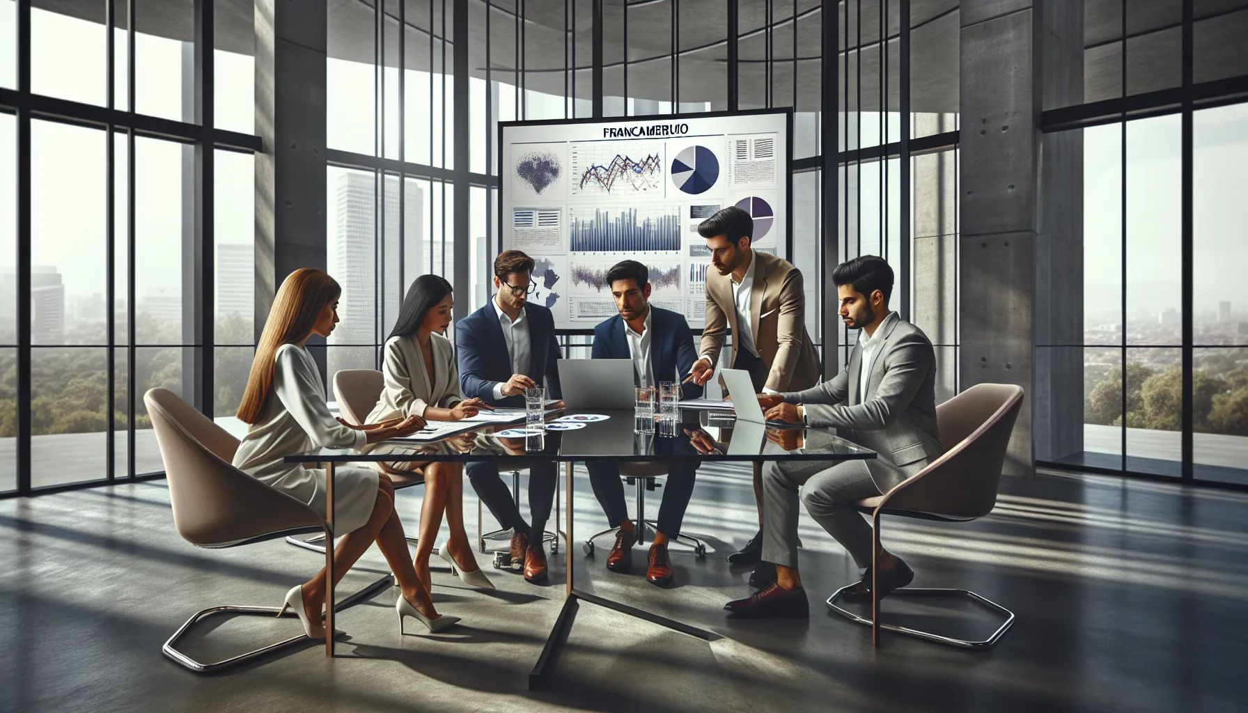 diverse professionals collaborating around a conference table in a modern office.
