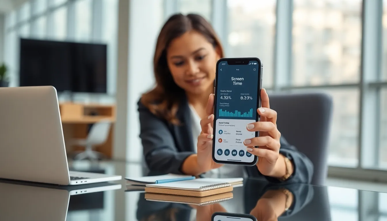 a woman checking screen time statistics on her iPhone.