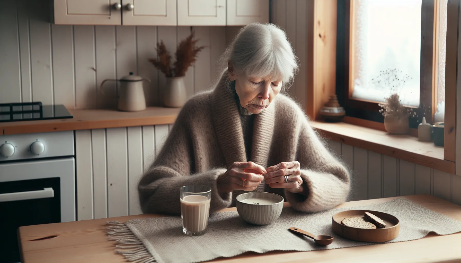 Elderly norwegian woman with fatigue and weight loss at a sparse meal.