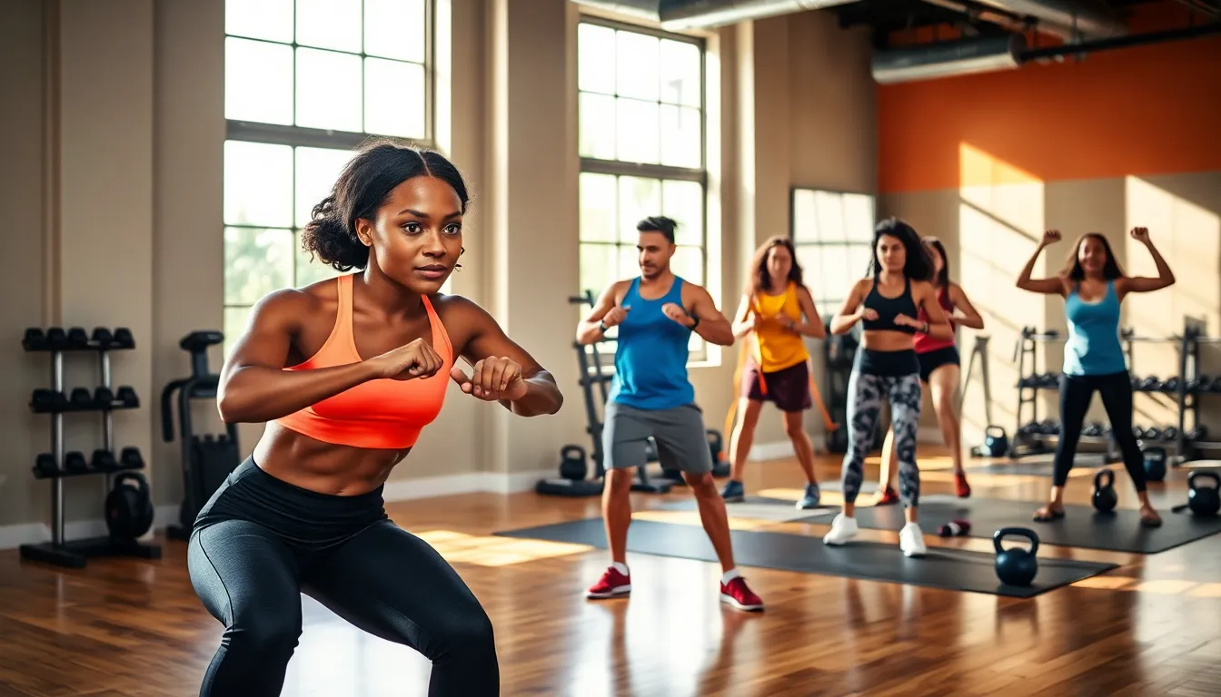 a diverse group participating in a HIIT workout in a modern gym.
