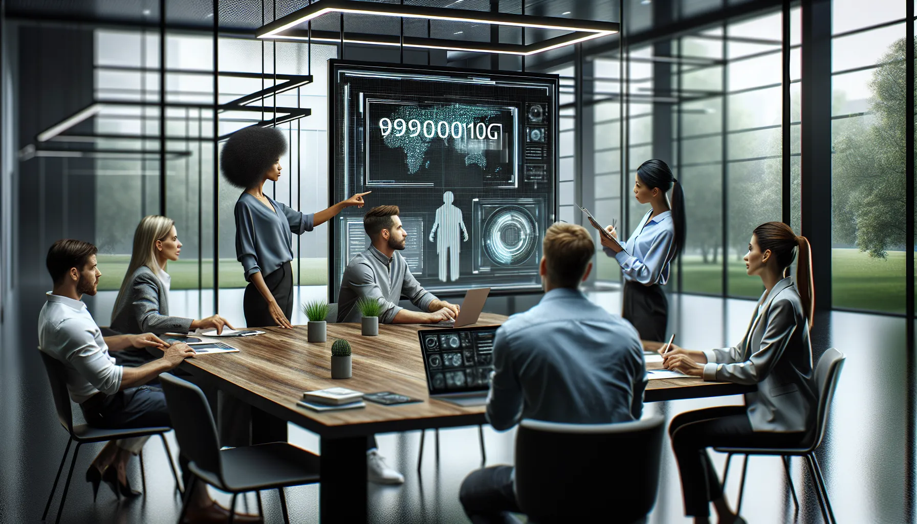 diverse tech team collaborating on a digital project in a modern office.