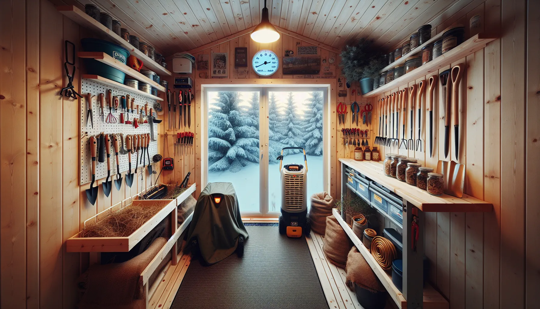 Hvordan oppbevare hageutstyr og planter om vinteren 2 Neat norwegian shed storing winter-ready garden tools and dormant potted plants.