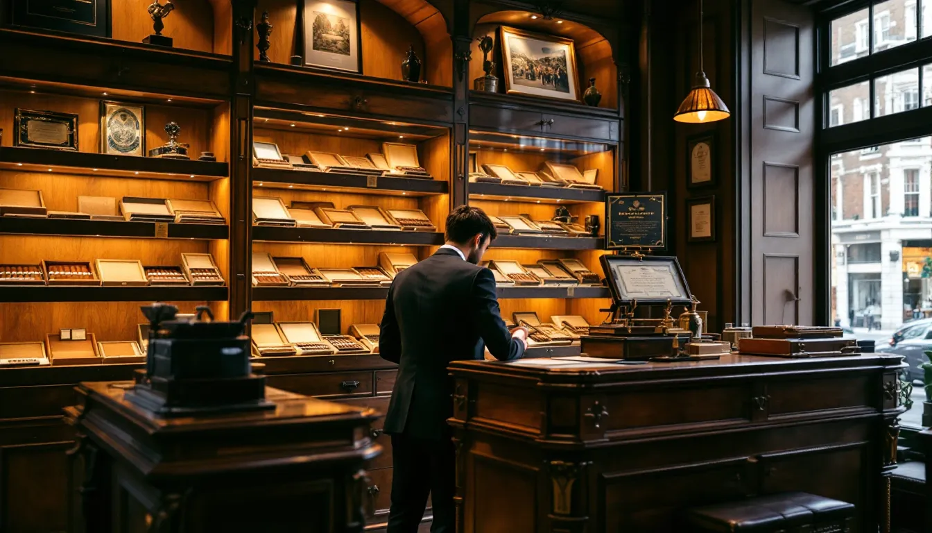 Professional examining cigars in upscale British tobacconist shop humidor
