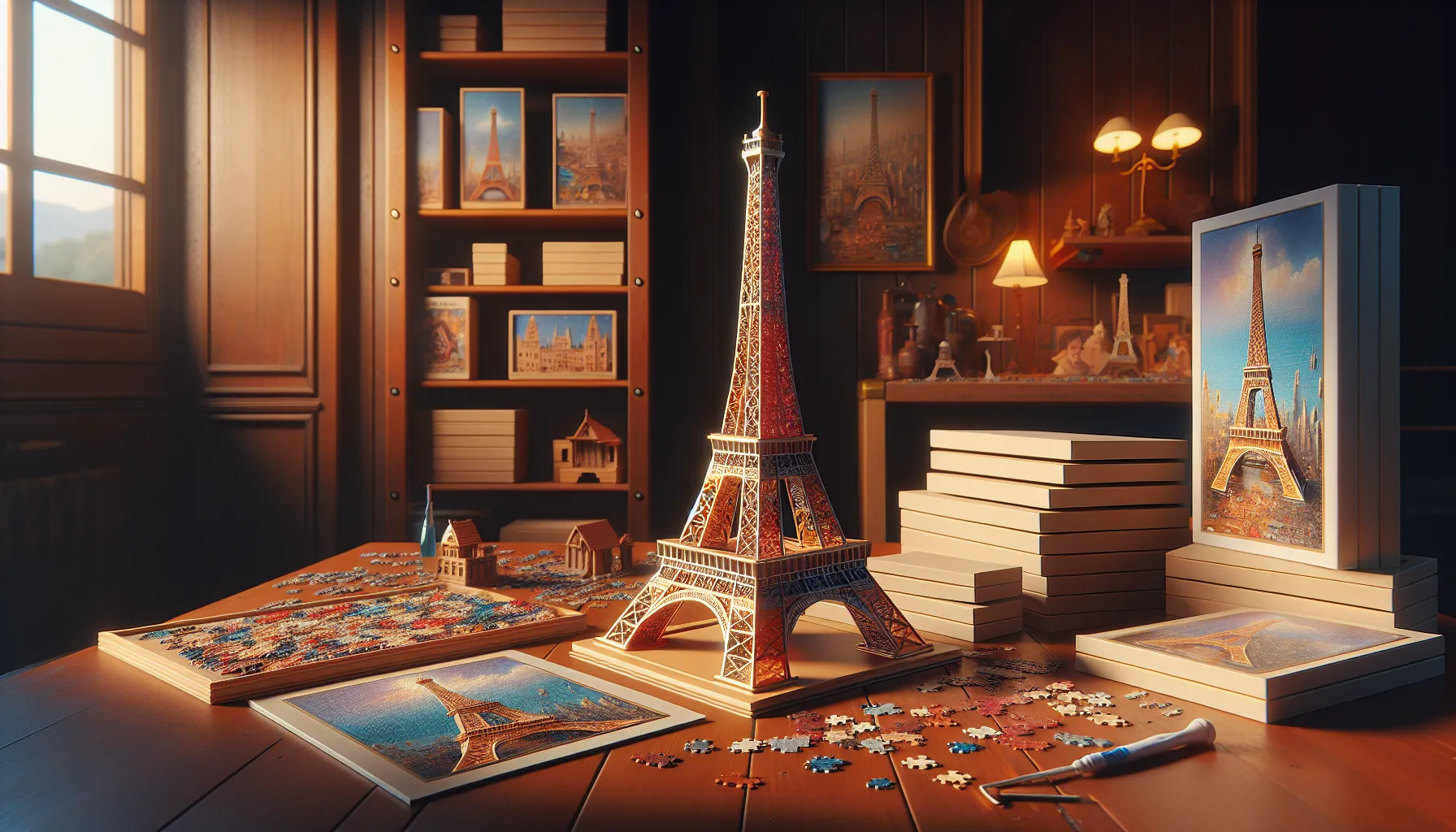 A 3D puzzle of the Eiffel Tower on a tabletop beside puzzle pieces.