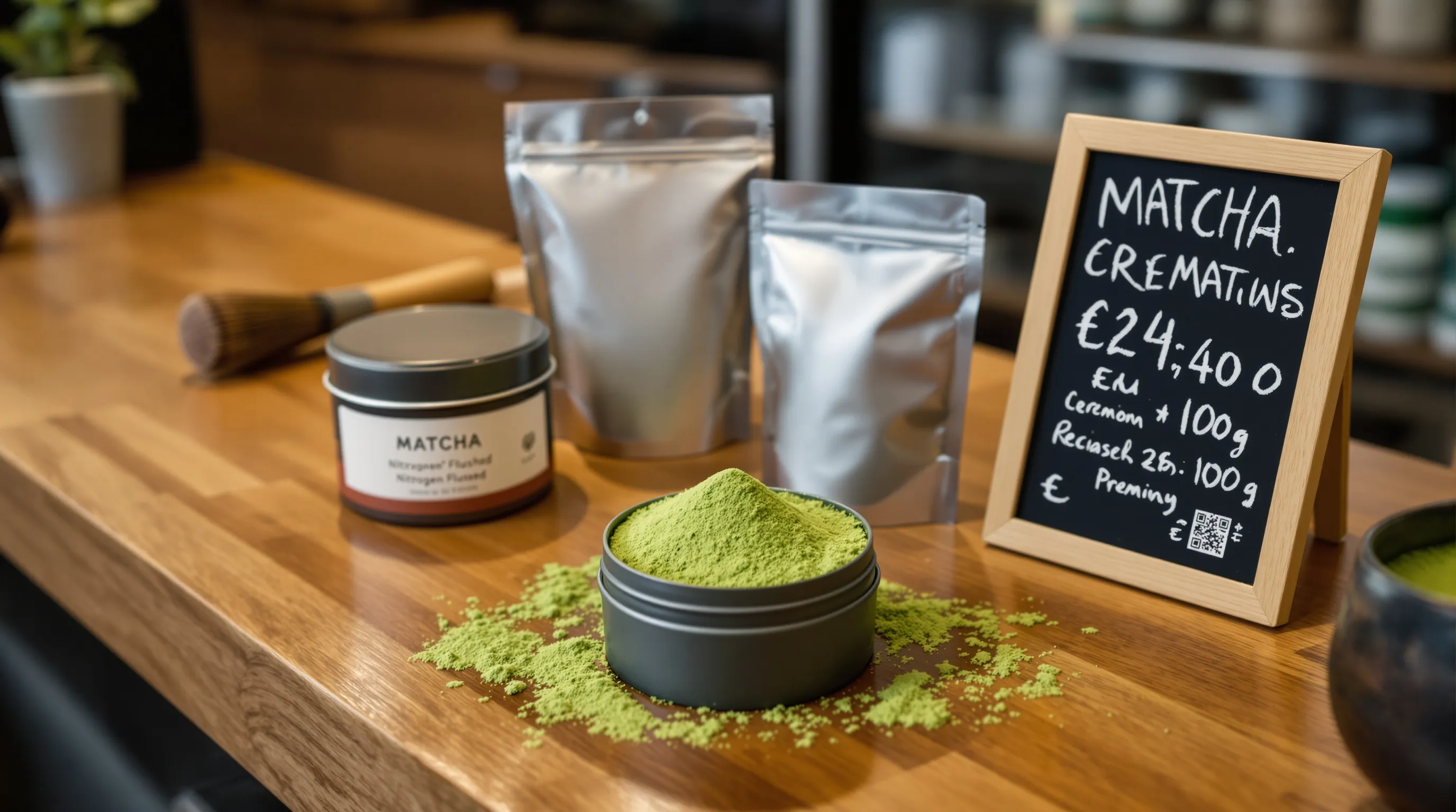 Open matcha tin on Dublin café counter with prices and cold storage nearby.